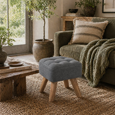 Wyld Haus Sayo Linen-Look Light Grey Square Padded Footstool, Tufted Diamond, 27 X 27 X 26 Cm - image 1