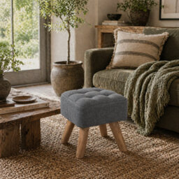Wyld Haus Sayo Linen-Look Light Grey Square Padded Footstool, Tufted Diamond, 27 X 27 X 26 Cm