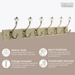 Keypak Victorian Wall-Mounted Coat 6 Hook Rail 46Cm Wooden Ceramic Hooks For Entryways & Bathrooms - thumbnail 2
