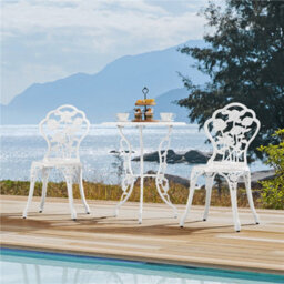 Yaheetech White 3 Piece Patio Bistro Set, 2 Seater Metal Garden Table & Chairs Bistro Coffee Table Set, With Umbrella Hole