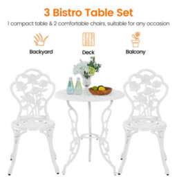 Yaheetech White 3 Piece Patio Bistro Set, 2 Seater Metal Garden Table & Chairs Bistro Coffee Table Set, With Umbrella Hole - thumbnail 6