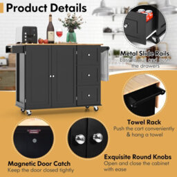 Costway Kitchen Island Cart Mobile Kitchen Island Drop-Leaf Top Rolling Storag Trolley W/ Spice & Towel Rack, Black - thumbnail 9