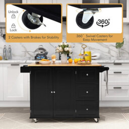 Costway Kitchen Island Cart Mobile Kitchen Island Drop-Leaf Top Rolling Storag Trolley W/ Spice & Towel Rack, Black - thumbnail 7