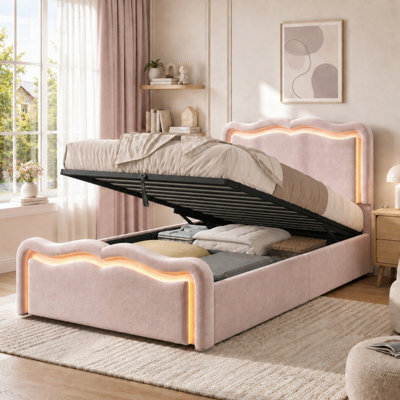 Btm 3Ft Single Ottoman Bed, Upholstered Hydraulic Storage Frame With Led Lights, Wave Headboard And Metal Slats, Pink Velvet - image 1