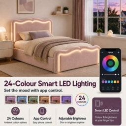 Btm 3Ft Single Ottoman Bed, Upholstered Hydraulic Storage Frame With Led Lights, Wave Headboard And Metal Slats, Pink Velvet - thumbnail 8