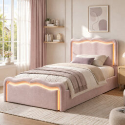 Btm 3Ft Single Ottoman Bed, Upholstered Hydraulic Storage Frame With Led Lights, Wave Headboard And Metal Slats, Pink Velvet - thumbnail 4