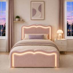 Btm 3Ft Single Ottoman Bed, Upholstered Hydraulic Storage Frame With Led Lights, Wave Headboard And Metal Slats, Pink Velvet - thumbnail 6