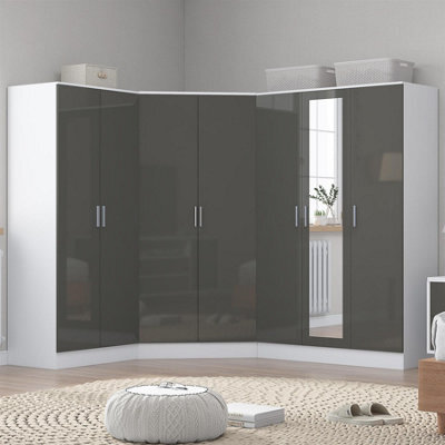 Reflect 3Pc Wardrobe Bundle - 2 Door Corner + 3 Door Mirror + 2 Door Plain - Grey Gloss & Matt White - H: 180Cm X W: 291Cm - image 1