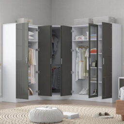 Reflect 3Pc Wardrobe Bundle - 2 Door Corner + 3 Door Mirror + 2 Door Plain - Grey Gloss & Matt White - H: 180Cm X W: 291Cm - thumbnail 2