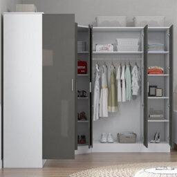 Reflect 3Pc Wardrobe Bundle - 2 Door Corner + 3 Door Mirror + 2 Door Plain - Grey Gloss & Matt White - H: 180Cm X W: 291Cm - thumbnail 4