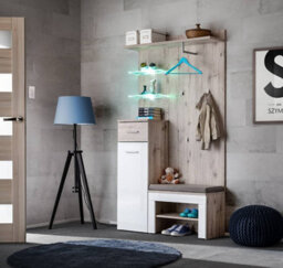 Arte Gustavo I Hallway Set In Oak Wellington & White Gloss - Complete Led-Lit Entryway Station With Cabinet, Bench & Hanger