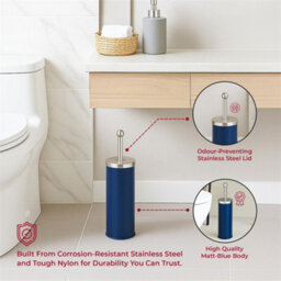 Blue Toilet Brush Set Stainless Steel Matt Holder Inner Drip Cup Dense Bristles - thumbnail 4