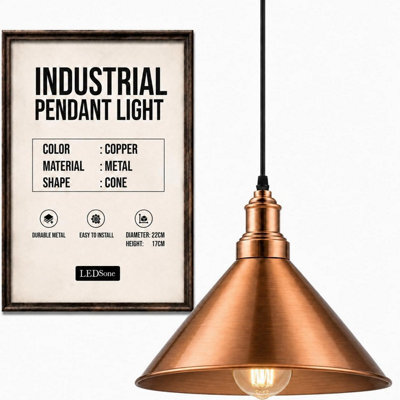 Ledsone Single Head Ceiling Pendant Light Copper 22 Cm Metal Shade E27 - image 1
