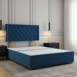 REGIONAL FURNISHINGS Divan Bed Set Blue Plush Velvet Upholstered 24Inch Headboard & 2Drawers Sameside & No Mattress In 3Ft 4Ft 4Ft6 5Ft 6Ft Sizes - thumbnail 1