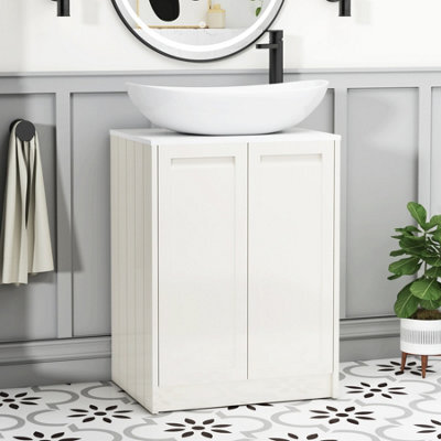 Royal Bathrooms Royal Bathroom Elmore 600mm Classic White Freestanding Bathroom Vanity Unit 2 Door Plain White Worktop With Cesar Basin - image 1