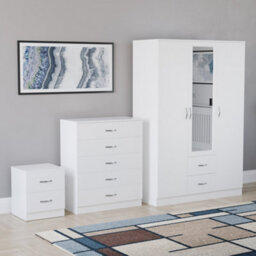 Lassic Vida Designs Riano 3 Piece Bedroom Set (2 Drawer Bedside Chest, 5 Drawer Chest, 3 Door 2 Drawer Mirrored Wardrobe), White
