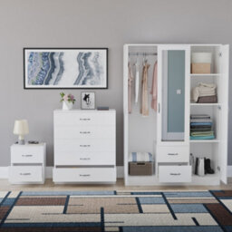 Lassic Vida Designs Riano 3 Piece Bedroom Set (2 Drawer Bedside Chest, 5 Drawer Chest, 3 Door 2 Drawer Mirrored Wardrobe), White - thumbnail 2