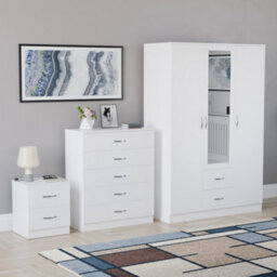 Lassic Vida Designs Riano 3 Piece Bedroom Set (2 Drawer Bedside Chest, 5 Drawer Chest, 3 Door 2 Drawer Mirrored Wardrobe), White - thumbnail 6
