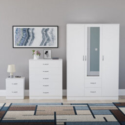 Lassic Vida Designs Riano 3 Piece Bedroom Set (2 Drawer Bedside Chest, 5 Drawer Chest, 3 Door 2 Drawer Mirrored Wardrobe), White - thumbnail 7