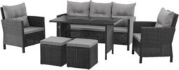New - Evre Havana 7 Seater Rattan Garden Furniture Set Black Patio Dining Set With Sofa, Armchairs, Stools & Glass Table