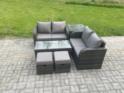 Fimous High Back Rattan Garden Furniture Set With Loveseat Sofa Coffee Table 2 Small Footstool Outdoor Patio Sofa Set - thumbnail 2