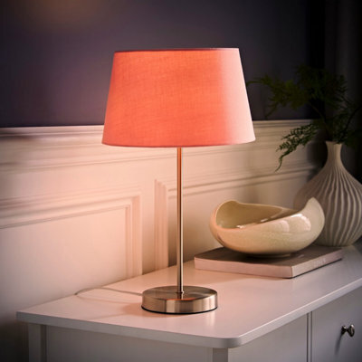 Valuelights Charles Brushed Chrome Table Lamp With Pink Tapered Shade And Bulb - image 1