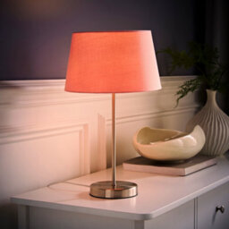 Valuelights Charles Brushed Chrome Table Lamp With Pink Tapered Shade And Bulb
