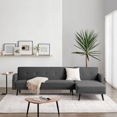 Furniturebox Uk Sofa Bed - 'oscar' 3 Seat Chesterfield L Shape Chaise Sofa Bed - Charcoal Grey Fabric Becomes Small Double Bed - image 1