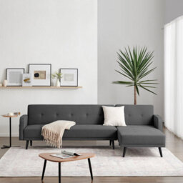 Furniturebox Uk Sofa Bed - 'oscar' 3 Seat Chesterfield L Shape Chaise Sofa Bed - Charcoal Grey Fabric Becomes Small Double Bed - thumbnail 1