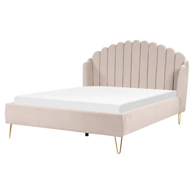 Beliani Bed Fabric Ambillou 160 X 200 Cm (Eu King Size) Light Beige - image 1