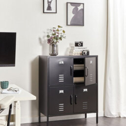Wyld And Coco Blackiron 4-Door Locker-Style Sideboard Cabinet W80 X D40 X H101Cm - Wall-Mount Metal Filing Storage - thumbnail 2