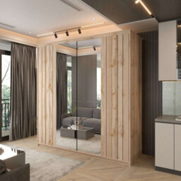 Sliding Wardrobes 4 u LTD Modern Panelled Sliding Mirror Wardrobe With Led Light & Door Trim Oak 150Cm - thumbnail 1
