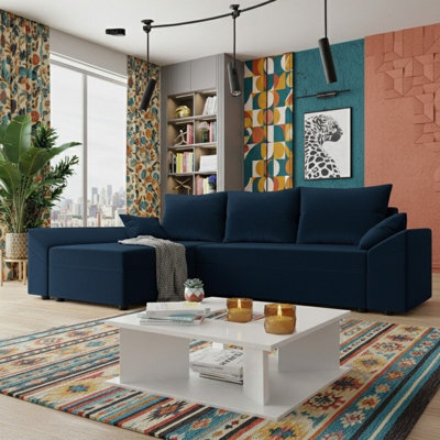 Dante L Modern Corner Sofa Bed Universal L Shape Couch Has Guest Sleep Function Storage Durable Fabric Blue - image 1