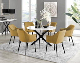 Furniturebox Uk Novara White Gloss Black Leg 120Cm Round Dining Table & 6 Mustard Calla Black Leg Chairs - thumbnail 1