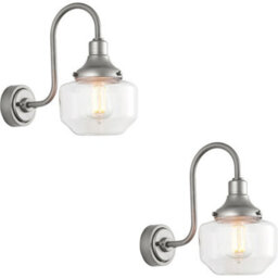 Loops 2 Pack Ip44 Outdoor Wall Light - Brushed Slilver Swan Neck Lamp - Clear Glass Shaped Shade - Garage Porch