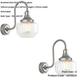 Loops 2 Pack Ip44 Outdoor Wall Light - Brushed Slilver Swan Neck Lamp - Clear Glass Shaped Shade - Garage Porch - thumbnail 2