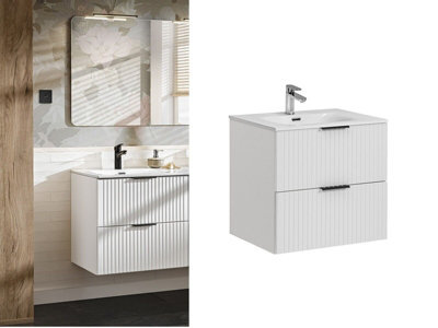 Impact Furniture Bathroom Vanity Unit With Sink Basin 600mm Ribbed Fluted White Modern Wall Hung Cabinet With Drawers Adel - image 1