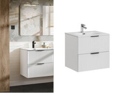 Impact Furniture Bathroom Vanity Unit With Sink Basin 600mm Ribbed Fluted White Modern Wall Hung Cabinet With Drawers Adel - thumbnail 1