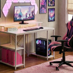 Wyld And Coco Novatech Gaming Desk White Led With 3-Tier Side Shelving And Raised Monitor Stand - thumbnail 2