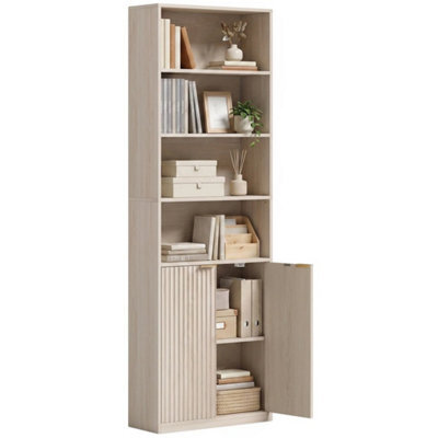 Freestanding 6 Tier Tall Bookcase With Adjustable Shelf Cabinet, Oak - image 1
