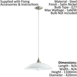 Satin Nickel Pendant Ceiling Light With White Glass Shade - E27 Bulb Compatible - thumbnail 2
