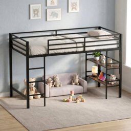 Single Size Metal Loft Bed Frame With Under Bed Shelves - thumbnail 3