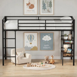 Single Size Metal Loft Bed Frame With Under Bed Shelves - thumbnail 4