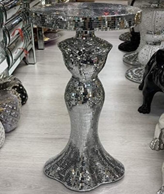 Biznest Silver Full Mirrored Body Italian Lady Base Glass Mosaic End Table Round Crystal Effect Plant Stand Romany Pearl 63X33 Cm