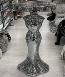 Biznest Silver Full Mirrored Body Italian Lady Base Glass Mosaic End Table Round Crystal Effect Plant Stand Romany Pearl 63X33 Cm