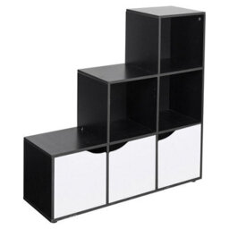 Urbn-Living Urbnliving Height 90.5Cm 6 Cube Step Storage Black Bookcase And White Doors For Home Office Organizer Display Shelf Unit - thumbnail 1