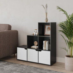 Urbn-Living Urbnliving Height 90.5Cm 6 Cube Step Storage Black Bookcase And White Doors For Home Office Organizer Display Shelf Unit - thumbnail 2