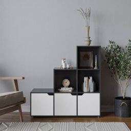 Urbn-Living Urbnliving Height 90.5Cm 6 Cube Step Storage Black Bookcase And White Doors For Home Office Organizer Display Shelf Unit - thumbnail 3