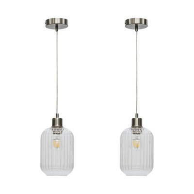 First Choice Lighting Set Of 2 Batley - Clear Ribbed Glass With Satin Nickel Pendant Fitting - image 1