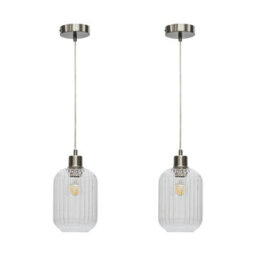 First Choice Lighting Set Of 2 Batley - Clear Ribbed Glass With Satin Nickel Pendant Fitting - thumbnail 1